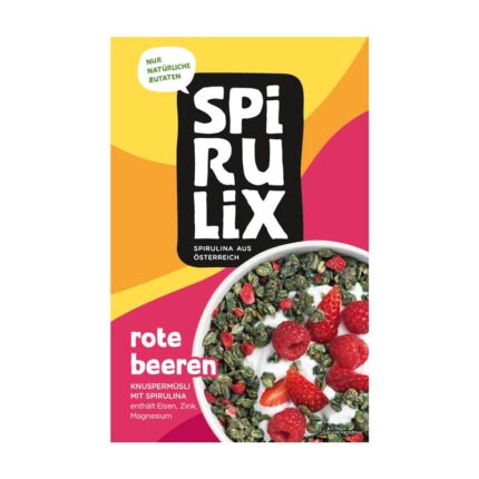 Knuspermüsli Rote Beeren von Spirulix ist ein köstlicher Snack aus natürlichen Zutaten. Der vegane Müsliriegel wird ohne Zuckerzusatz hergestellt.