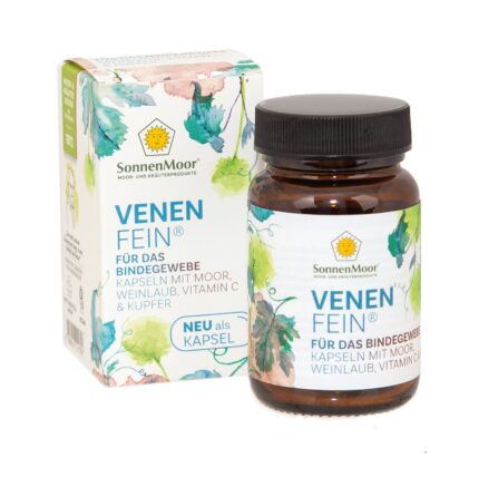 Entdecke die VenenFein Kapseln von Sonnenmoor mit natürlichen Inhaltsstoffen wie Moor, Weinlaub, Kupfer und Vitamin C aus der Acerolakirsche.